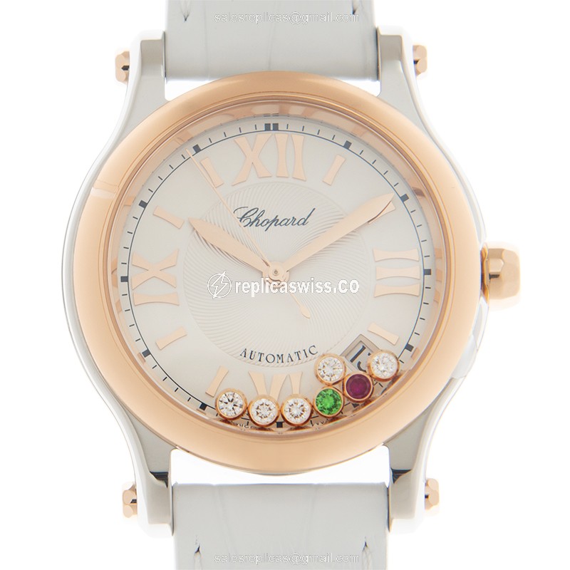 Chopard Happy Sport Replica - Automatic - 18kt Rose Gold & Steel - Silver Dial - White Leather Strap